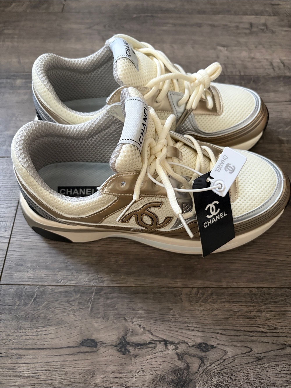CHANEL Cream & Silver Mesh Platform Sneakers - Picture 3 of 4